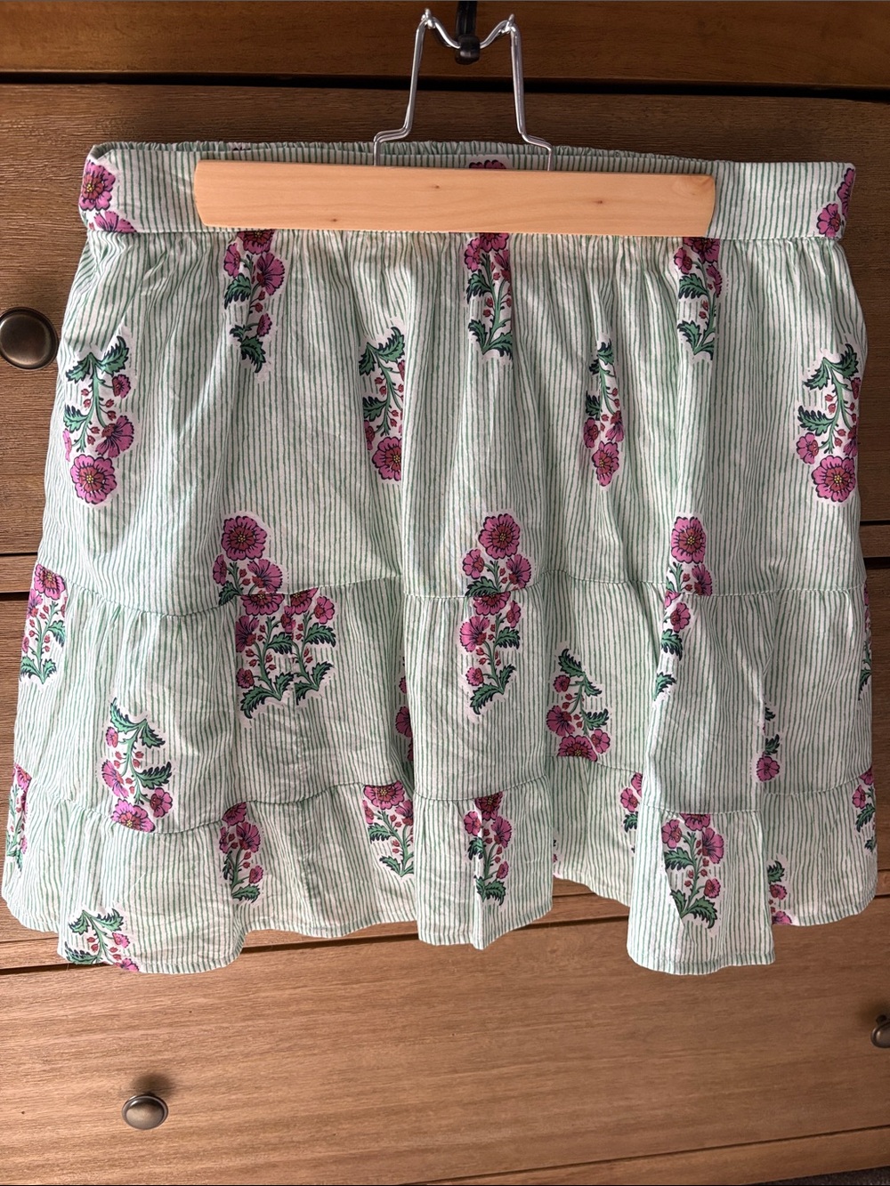 J. Crew Factory Mint Striped Skirt with Pink Floral Print